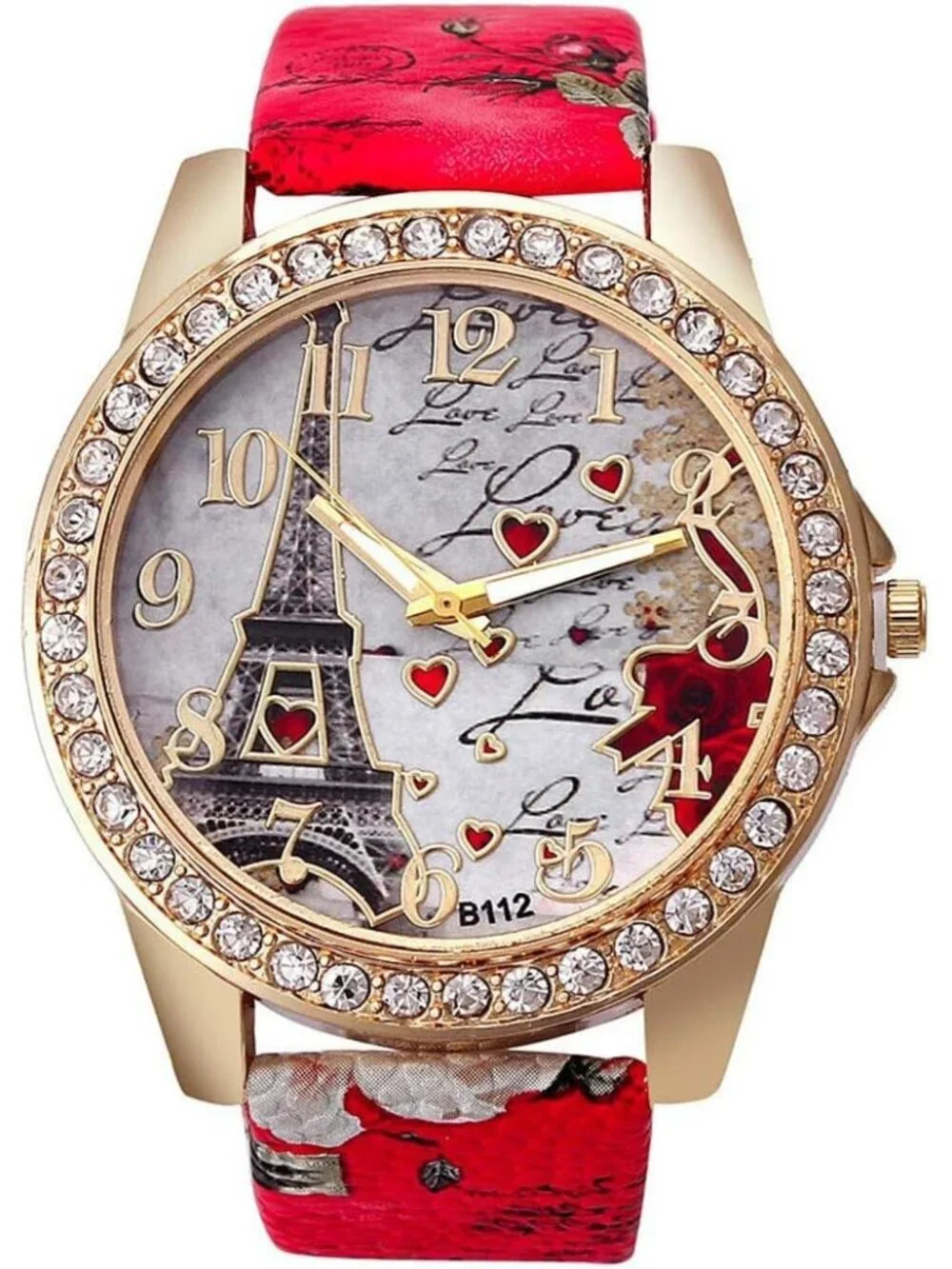 Women's Red Analog Quartz Solid Pu Leather Strap Bling Rhinestone Wrist Watch